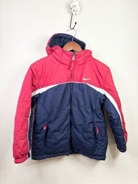 Vintage Nike Red and Blue Embroidered Youth Reversible Puffer Jacket Sz Medium